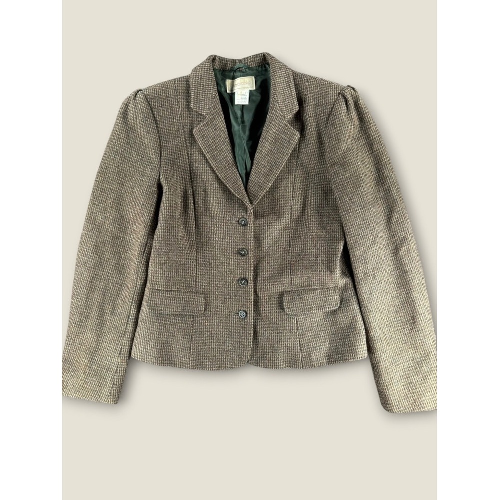Vintage Claybrooke Wool Silk Tweed Blazer Brown Green Houndstooth Jacket Size 8